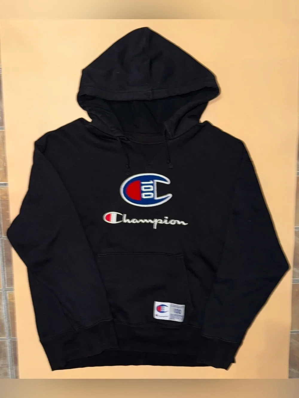 Champion Hoodie Men’s 2XL Black Big Logo Pullover Sweatshirt - Picture 1 of 6